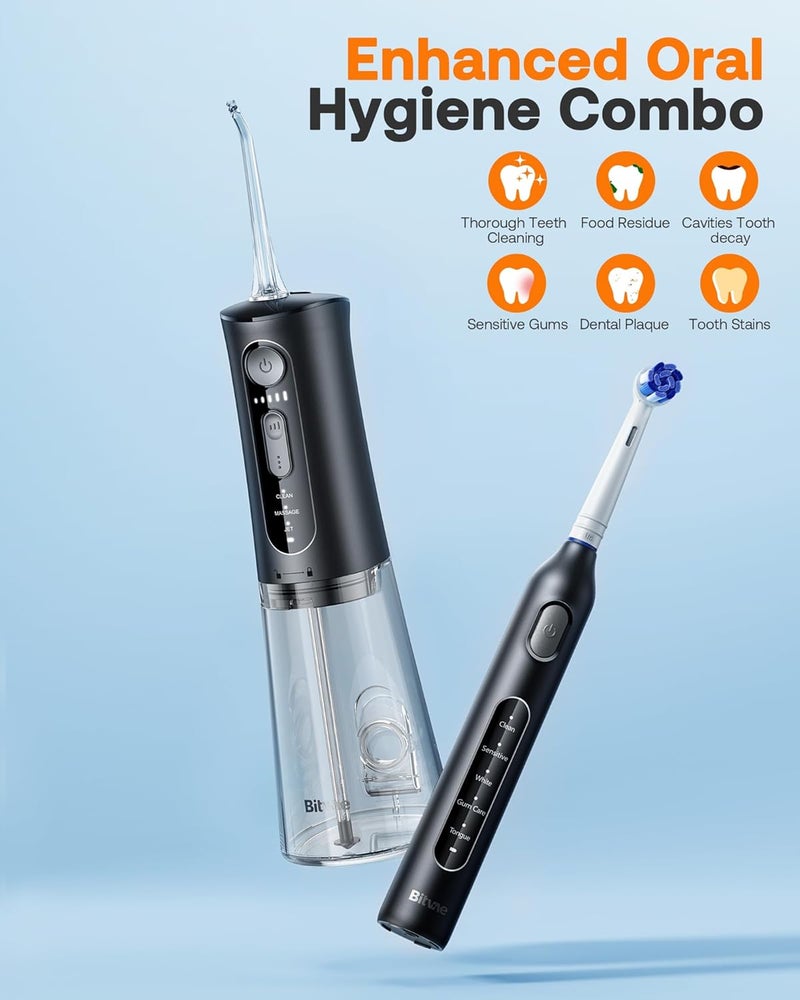 Bitvae Water Dental Flosser Teeth Picks, Cordless Water Flosser for Teeth, Braces, Dental Care and Rechargeable Rotary Electric Toothbrush Combo Set, 4 Tips, 4 Brush Heads, Waterproof, Black, C5+R1 - Image 2